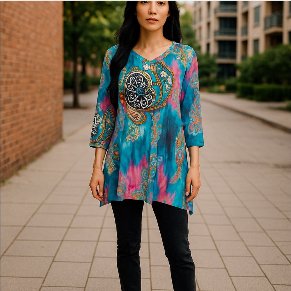 Simply Obsessed Paisley Print Teal and Pink Women's Top